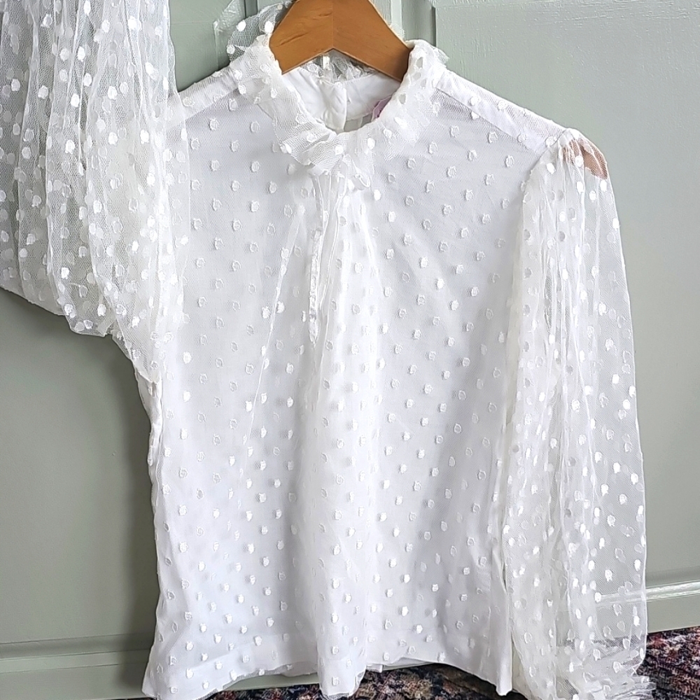 Vintage Gregory White Sheer Sleeved Seiss Dot Blouse